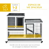 PawHut Clapier à lapin sur roulettes cage à lapin intérieur extérieur 2 étages 2 portes verrouillables 2 plateaux coulissants rampe bois de sapin gris blanc(m-4)