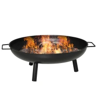 Outsunny Brasero Exterior Ø58x23 cm Cuenco de Fuego Redondo con Asas de Transporte 3 Pies y Marco de Metal para Hogueras Leñas Terraza Jardín al Aire Libre Negro(m-10)