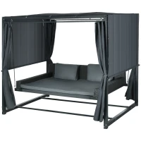 Outsunny Dondolo Letto e Pergola 3 in 1 con Tetto Regolabile e Tende, Acciaio e Rattan PE, 235x150x210cm, Grigio Scuro(m-10)