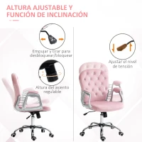 Vinsetto Silla de Escritorio de Terciopelo con Altura Ajustable Reposabrazos y Decoraciones de Diamantes 59,5x60,5x93-103 cm Rosa(m-4)