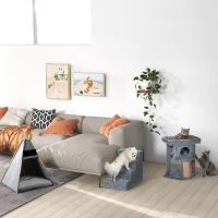 PawHut Hundetreppe 4-stufig, 35 cm Katzentreppe für Bett und Sofa, Haustiertreppe für Hunde und Katzen bis 5 kg, Plüschoptik, Hellgrau(m-9)