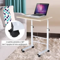 HOMCOM Table roulante de lit canapé table pour ordinateur table informatique dim. 60L x 40l x 68-78H cm hauteur réglable 4 roulettes blanc érable(m-7)