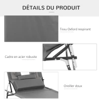 Outsunny Lot de 2 Bains de Soleil Pliable transat inclinable 4 Positions Chaise Longue de Lecture 3 Coussins fournis Gris(m-6)