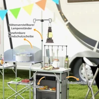 Outsunny Campingküche, faltbar, 3 Arbeitsplatten, Windschutz, Stoffschrank, 144x48x119cm, Silber(m-5)
