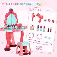 AIYAPLAY Tocador Infantil +3 Años con Taburete Espejo Luz Música y Secador Tocador de Maquillaje 57x34x76 cm Multicolor(m-6)
