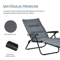 Outsunny Bain de soleil pliable transat inclinable 6 positions grand confort avec matelas + accoudoirs acier polyester gris(m-7)