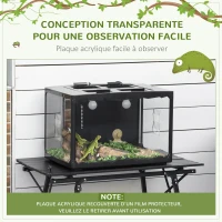 PawHut Terrarium en verre - vivarium reptiles & batraciens - habitat tortue - couvercle grillagé 2 parties amovibles - distributeur eau, thermomètre, pincette, 2 douilles inclus - ABS acrylique noir(m-5)