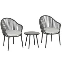 Outsunny Salotto da Giardino in Rattan con 2 Poltroncine con Cuscini e Tavolino da Caffè in Vetro, Grigio(m-10)