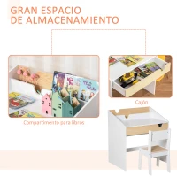 HOMCOM Escritorio para Niños con Silla de 3 a 6 Años con Cajón y Estante para Libros 70x50x75 cm Blanco y Natural(m-5)