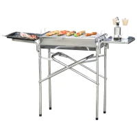 Outsunny Holzkohlegrill Grill BBQ Standgrill Holzkohle Kohlegrill Gartengrill, Edelstahl, Silber, 104 x 30 x 68 cm(m-1)