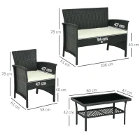 Outsunny Salotto da Esterno Rattan PE con Divano 2 Posti, 2 Poltrone con Cuscini e Tavolino in Vetro, Nero(m-3)