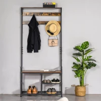 HOMCOM Coat Rack Stand Shoe Storage Bench with 9 Hooks Shelves for Bedroom Living Room Entryway Brown and Black 180cm(m-2)