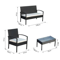 Outsunny Conjunto de Muebles Ratán Jardín Terraza 4 Plazas 4 Plazas 1 Mesa de Café 2 Sillones 1 Banco con Cojín Marco Metal(m-3)