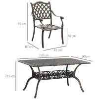 Outsunny 7 PCs Garden Patio Dining Set with Parasol Hole, Cast Aluminium Outdoor Furniture Set with Six Cushioned Chairs and Rectangle Dining Table, for Garden, Lawn, Deck, Bronze Tone(m-3)