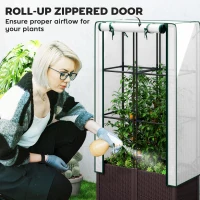 Outsunny Raised Garden Bed with Trellis, Plastic Planter Box with PE Cover, Drainage Holes, Drain Plugs and Water Reservoirs for Climbing Plants, Vegetables, Flowers, 80 x 40 x 140 cm(m-6)