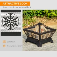 Outsunny Outdoor Fire Pit, Metal Square Firepit Bowl with Spark Screen, Poker for Patio, Camping, 61 x 61 x 52cm, Black(m-6)