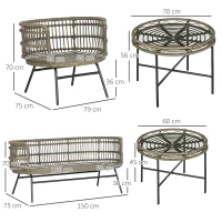 Outsunny Gartenmöbel-Set für 4 Personen aus PE-Rattan, 2 Sessel, 1 Sofa, 2 Beistelltisch, Boho-Stil, Braun+Grau(m-3)