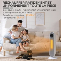 HOMCOM Chauffage d'appoint Radiateur soufflant Radiateur céramique oscillant 15-40°C avec Télécommande 1300/2000W, 21 x 21 x 63,5 cm(m-4)