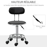 HOMCOM Tabouret à roulettes tabouret de massage pivotant 360° - ergonomique avec dossier - hauteur assise réglable 43,5-59 cm - revêtement synthétique noir et métal chromé(m-4)