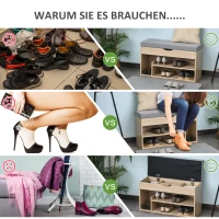 HOMCOM Schuhbank, Sitzbank, Sitztruhe, 2-in-1 Design mit Schuhregal, Versteckten Fach, gepolsterte Schuschrank mit Stauraum für Flur, Leinen, Natur+Grau, 80 × 30 × 48 cm(m-7)