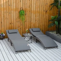 Outsunny Lettini Prendisole Richiudibili con Cuscini Rimovibili e Tavolino Pieghevole, Set 3 Pz in Rattan, Grigio(m-2)