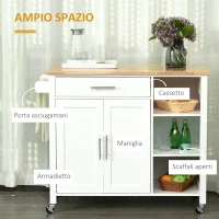 HOMCOM Carrello con Ruote Salvaspazio, Penisola Cucina in Legno Massiccio: 1 Cassetto, 1 Armadietto, 3 Ripiani e 4 Ruote, 107.5x48x89 cm(m-4)