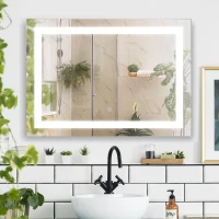 kleankin Bathroom Mirror with LED Lights, Illuminated Makeup Mirror with 3 Colours, Defogging Film and Memory Function, Hardwired, Horizontal or Vertical, 70 x 50 cm(m-2)