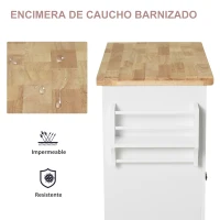 HOMCOM Isla de Cocina con Ruedas Mueble Auxiliar de Cocina con Especiero y Barra Lateral 111x44,5x82,5 cm Blanco(m-4)