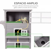 PawHut Caseta para Gatos de Madera Exterior Casa Grande para Gatos de 3 Pisos con Múltiples Entradas Ventanas y 2 Plataformas para Terraza Balcón Jardín 93,5x67x117 cm Gris(m-7)