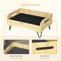PawHut Cama de Madera para Perros Gatos Cama Cesta para Mascotas Pequeñas con Cojín Acolchado Asas y Patas de Acero 70x45x32 cm Roble y Negro(m-6)