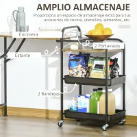 HOMCOM Carro de Cocina con Ruedas Carrito Auxiliar con Estantes de 3 Niveles Hoja Abatible y 2 Portavasos Multiusos para Comedor 118x36,5x82 cm Marrón Rústico(m-4)