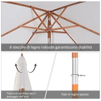 Outsunny Ombrellone da Giardino Inclinabile 2x1.5m a 6 Stecche con Palo in Legno di Abete e Corda, Beige(m-6)