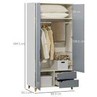 HOMCOM Wardrobe with 2 Doors, 2 Drawers, Hanging Rail, Shelves for Bedroom Clothes Storage Organiser, 89x50x185cm, Grey(m-3)