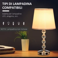 HOMCOM Lampada da Tavolo con Cristalli e 2 Prese USB, Interruttore Touch e Attacco E27, Ф23x45cm, Bianco e Argento(m-7)