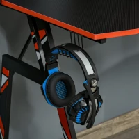 HOMCOM Bureau gaming bureau gamer bureau informatique bracket casque enceintes porte-gobelet grand plateau MDF texture carbone + étagère écran châssis acier rouge noir(m-9)