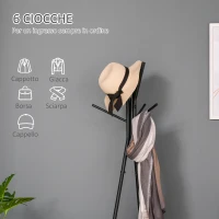 HOMCOM Appendiabiti da Terra con 2 Ripiani e 6 Ganci, Attaccapanni ad Albero in Stile Industriale, 46x52x182 cm, Nero e Marrone(m-4)