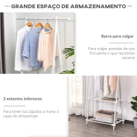 HOMCOM Perchero de Pie Plegable con 2 Estantes y Barra para Colgar Ropa Perchero para Dormitorio Entrada 107,5x45x150 cm Blanco(m-5)