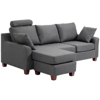 HOMCOM Divano Angolare a 3 Posti con Poggiapiedi e Cuscini, Divanetto a forma L per Salotto e Soggiorno, in Tessuto di Lino, Grigio Scuro, 195 x 81 x 86cm(m-10)