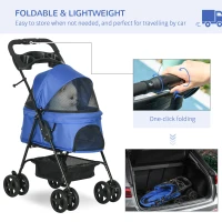 PawHut Dog Stroller with Rain Cover, Dog Pushchair One-Click Fold Trolley Jogger with EVA Wheels Brake Basket Adjustable Canopy Safety Leash for Small Dogs, Blue(m-5)