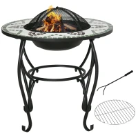 Outsunny 3-in-1 Φ68cm Outdoor Fire Pit, Garden Table with Cooking BBQ Grill, Mosaic Firepit Bowl with Spark Screen Cover, Fire Poker for Backyard Bonfire Patio(m-1)