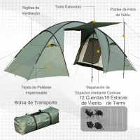 Outsunny Tienda de Campaña para 3-4 Personas Impermeable 2000mm Tienda Iglú Familiar Portátil con 2 Dormitorios 2 Puertas para Trekking Camping Playa Aventura 480x220x190 cm Verde(m-5)