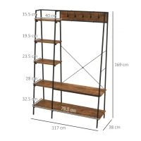 HOMCOM Clothes Rail, Metal Clothes Rack with Shoe Rack, 5 Tier Storage Shelves, 5 Side Hooks, Coat Stand for Bedroom, Living Room, Hallway, Rustic Brown and Black(m-3)