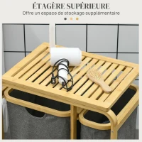 HOMCOM Panier à linge panier de rangement corbeille à linge bac linge sale en bambou 3 paniers - 49l x 33P x 70H cm gris(m-5)