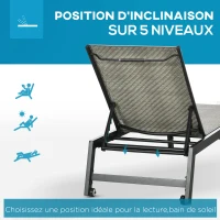 Outsunny Chaise longue bain de soleil en résine tressée imitation rotin avec roues dossier inclinable aluminium noir, gris(m-5)