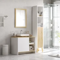 kleankin Mobile Bagno Sottolavabo con Armadietto e 2 Mensole in Legno, 77x45x60 cm, Bianco e Legno(m-2)