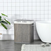 HOMCOM Cesto para Ropa Sucia de Bambú Capacidad de 100L con Tapa Extraíble Bolsa de 2 Compartimentos 52x32x63 cm Gris(m-2)