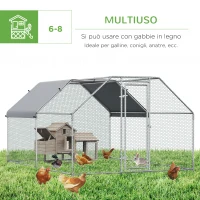 Pawhut Recinto Gabbia per Galline da Esterno in Metallo Galvanizzato, Pollaio per Galline Ovaiole da Esterno, Porta con Blocco e Sezione con Tessuto Oxford, 280x380x195 cm, Argento(m-5)
