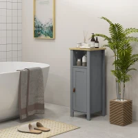 kleankin Meuble de salle de bain sur pied avec placard à 2 niveaux étagère réglable poignées en similicuir 32 x 30 x 80 cm gris(m-6)
