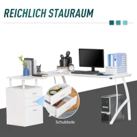 HOMCOM L-förmiger Schreibtisch mit Schubladen aus der Material MDF Metall Home-Office-Ecke Arbeitsplatz Industriestil, Weiß 152 x 143,5 x 76 cm(m-4)