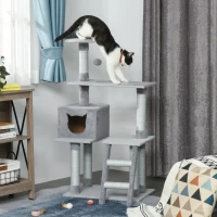 PawHut Árbol Rascador para Gatos Grande Altura 124 cm Torre de Escalada con Plataformas Escalera Cueva Postes de Yute y Bola Colgante Juego y Descanso 60,5x40x124 cm Gris(m-2)